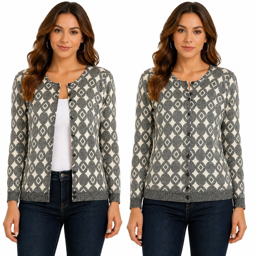 Joseph A Sweater Womans Medium Metallic Cardigan Silver Black Diamond Print